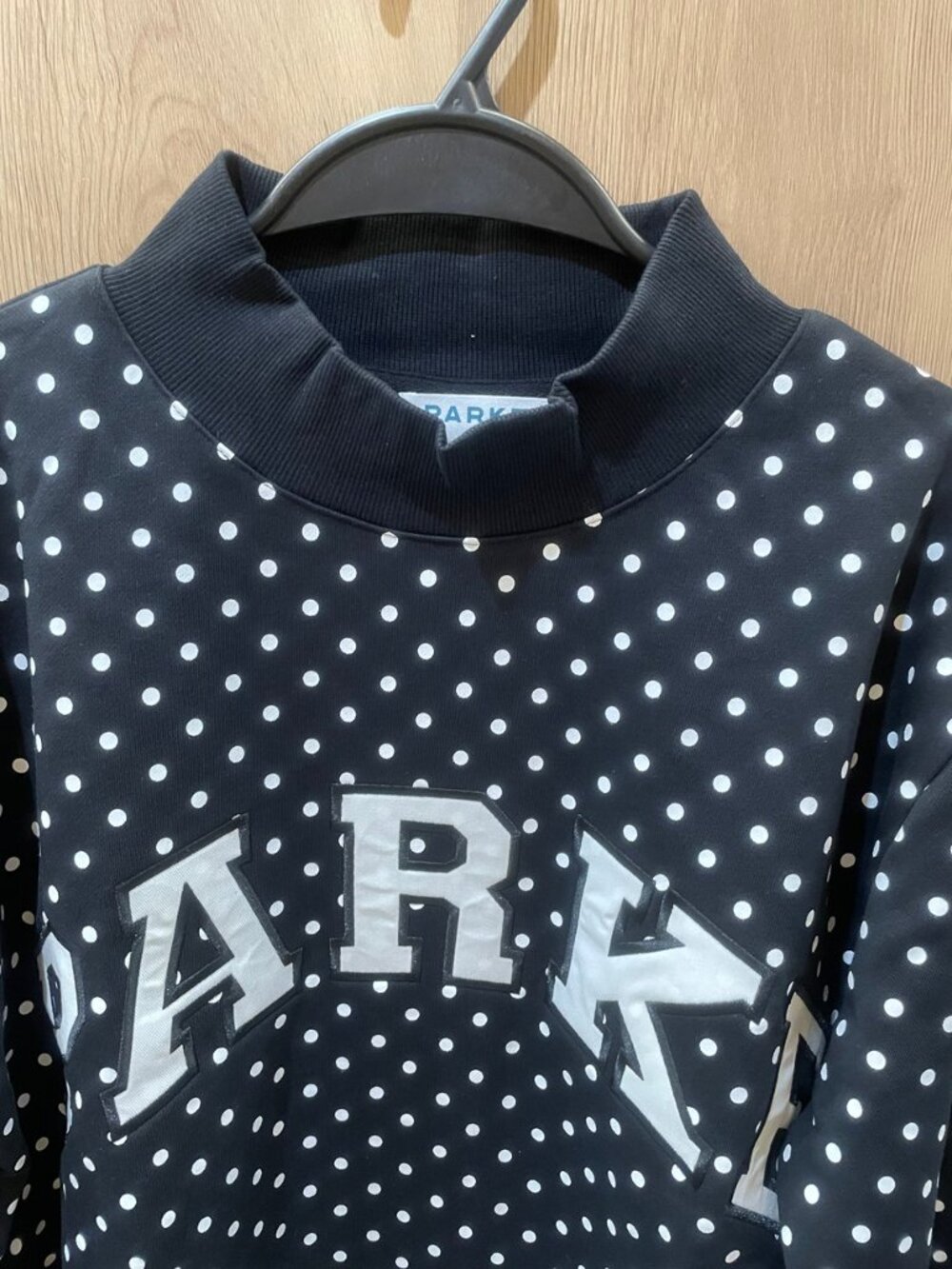 PARKE Varsity Letter Polka Dot Mock Neck Pullover Sweatshirt - Picture 3 of 8